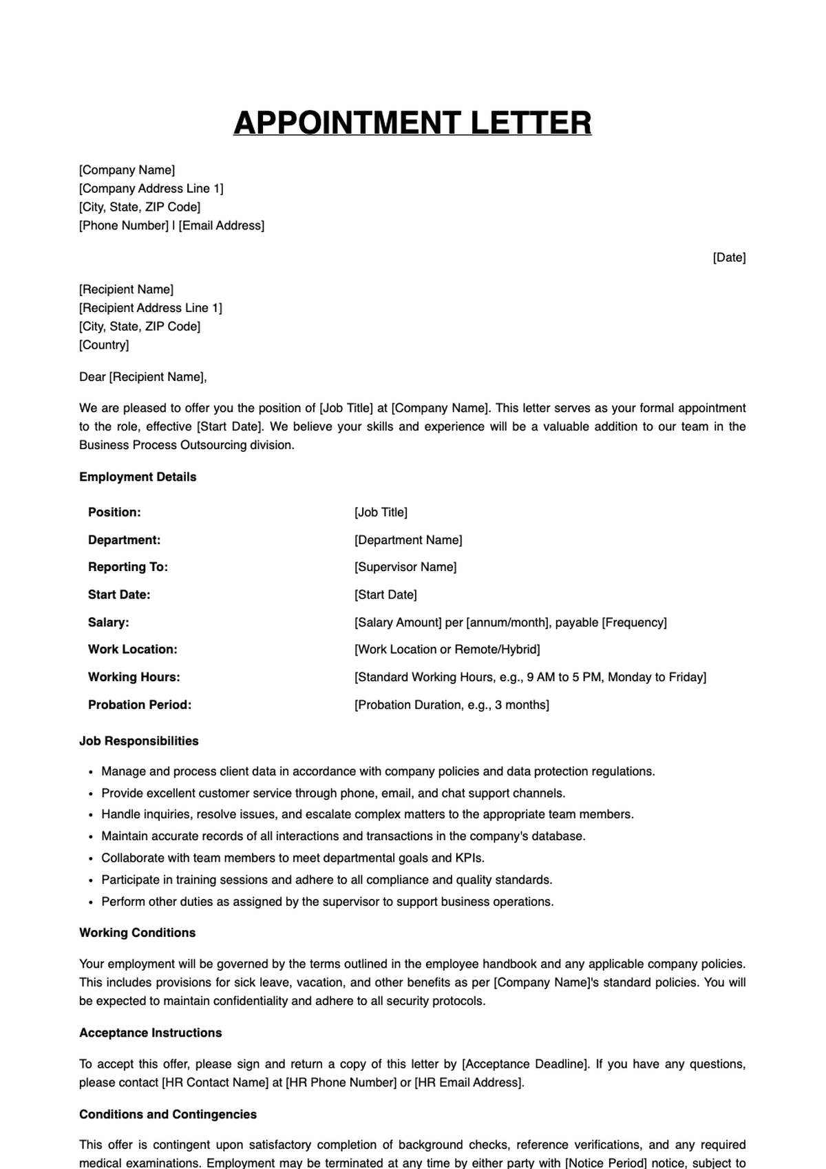 BPO appointment letter template for customer service representative position_variant_1